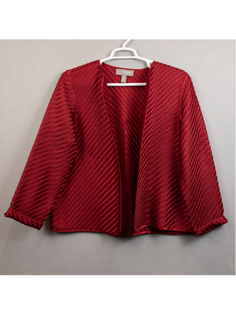 Chico's Travelers Collection burgundy woven knit open jacket-3